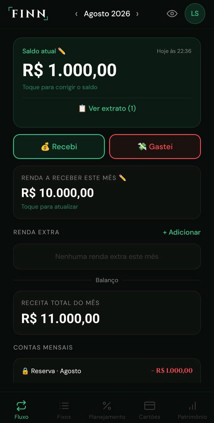 Tela Fluxo do FINN, mostrando saldo do mês, extrato e sobra prevista