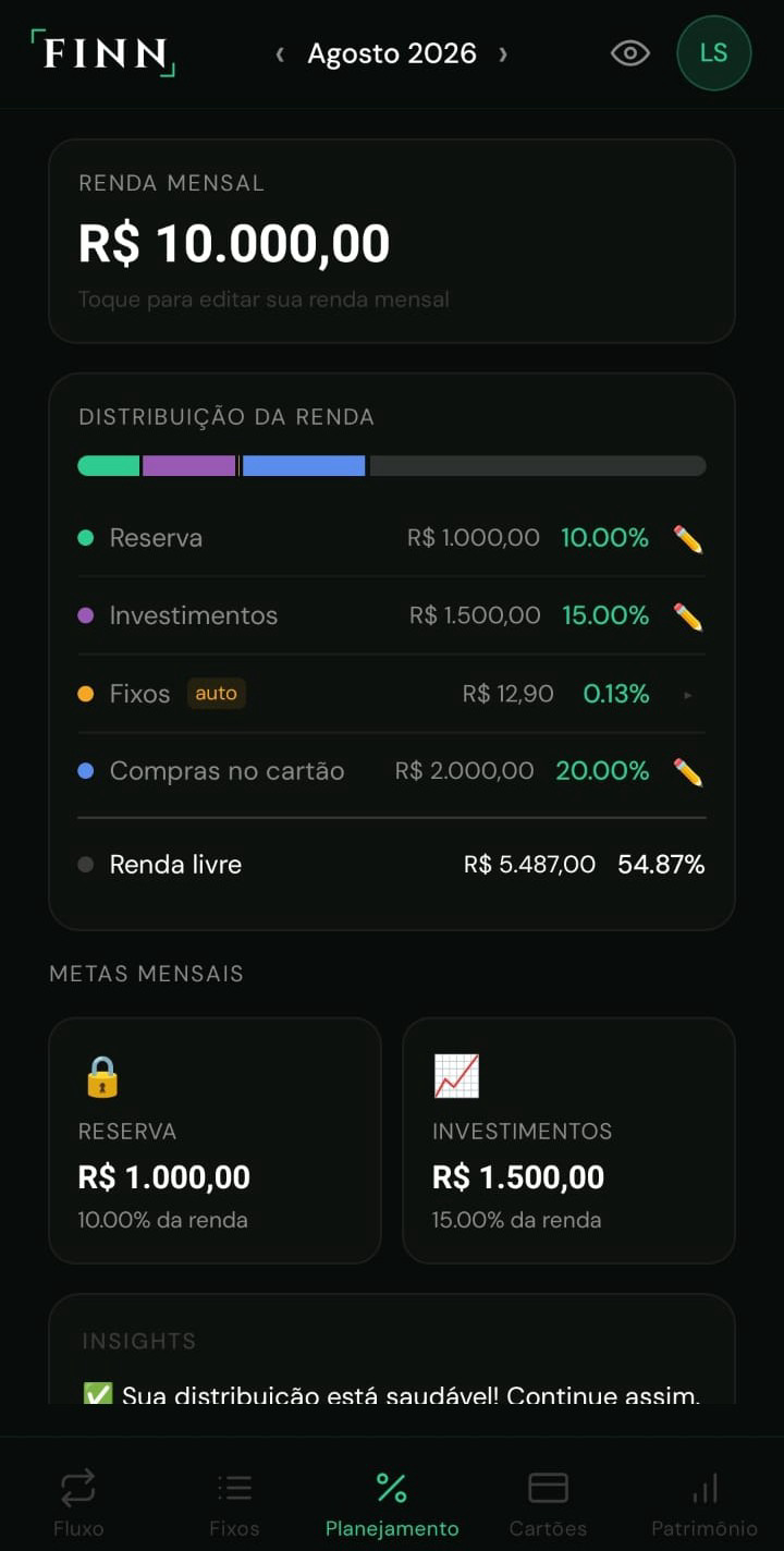 Tela Planejamento: renda, reserva, investimentos e teto do cartão